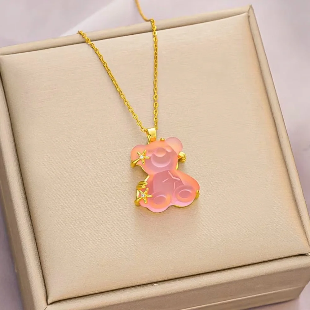 Gold and Pink Bear Pendant Necklace 316L